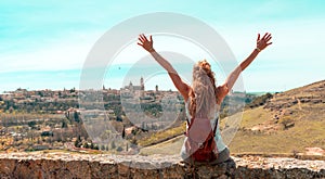 Woman tourist enjoying panoramic view of Soria