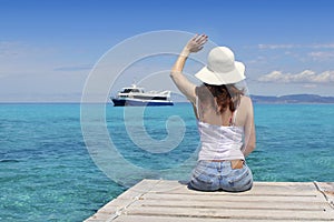 Woman tourist illetas Formentera goodbye photo