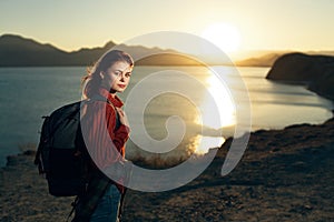 woman tourist landscape travel fresh air sunrise