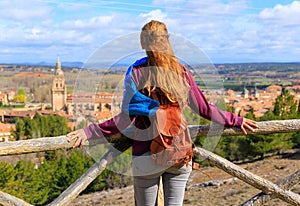 Woman tourist looking at panoramic view of El Burgo de Osma