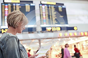 Woman tourist looking at timetable in airport