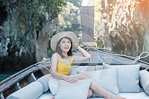 Woman tourist in private longtail boat trip to Lagoon koh hong near Hong island, Krabi, Thailand. landmark, destination, Asia