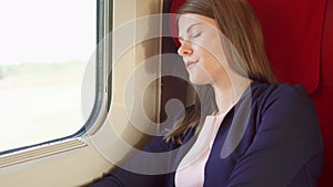 Woman tourist relaxing in high-speed international train. Traveling in Europe. High speed, shaking