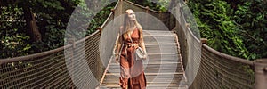 Woman tourist in Rope bridge in Yildiz Park. Besiktas, Istanbul, Turkey. Turkiye BANNER, LONG FORMAT