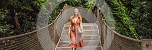 Woman tourist in Rope bridge in Yildiz Park. Besiktas, Istanbul, Turkey. Turkiye BANNER, LONG FORMAT