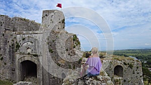 Woman tourist at Rozafa Castle in Albania