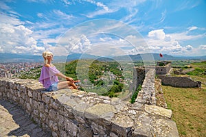 Woman tourist at Rozafa Castle in Albania