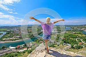 Woman tourist at Rozafa Castle in Albania