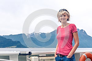 Woman tourist sailing on a sightseeing ferry boat