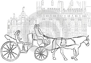 Woman tourist traveling in the city in a horse carriage Vector line arts