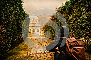 Woman tourist traveling through Romania. old Roman empire, resor