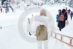 Woman tourist Visiting in Asahikawa, Traveler in Sweater sightseeing Asahiyama Zoo with Snow in winter season. landmark and