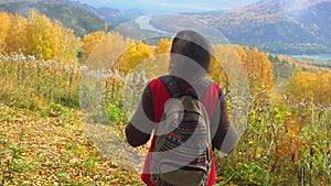 Woman tourist walking in fall forest on sunny autumn day. Hiker traveler woman hikking on mountain, enjoying panoramic