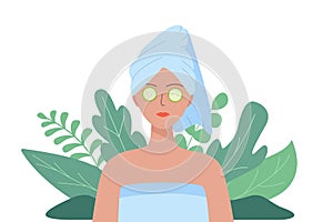 Woman with a towel on her head and cucumber slices on the eyes. Vector illustration of the concept of beauty, hygiene. Natural