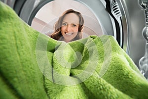 Woman With Towel View From Inside The Washing Machine