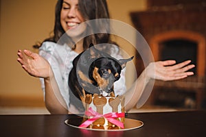 Woman and toy terrier with dog cake infront on birthday party