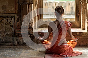 Woman in traditional attire meditates peacefully inside an ancient indian zen temple