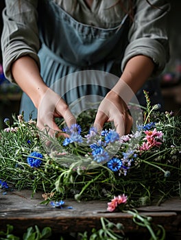 Woman in traditional dress making a wreath of wildflowers and herbs. Decoration for midsummer celebration. Generative AI