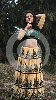 Woman in traditional Indian costume lehenga choli or sari or saree