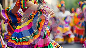 Woman in traditional Mexican costume dancing at the Cinco de Mayo parade, focus on the dress