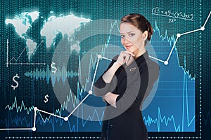 Woman on the traiding graph background