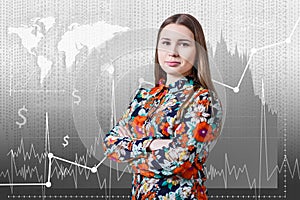 Woman on the traiding graph background