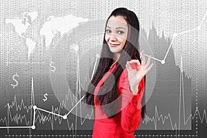 Woman on the traiding graph background