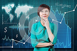 Woman on the traiding graph background photo