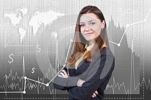 Woman on the traiding graph background photo