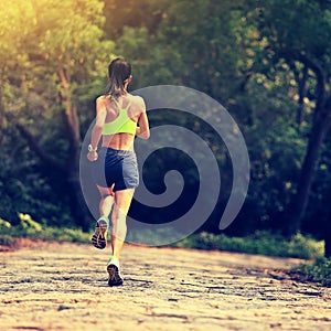 Woman trail runner legs running in forest