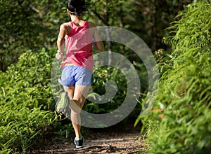 Woman trail runner running on tropical forest trail