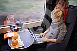 Woman, train and laptop typing with travel with internet for writing proposal or transportation, commute or blogger