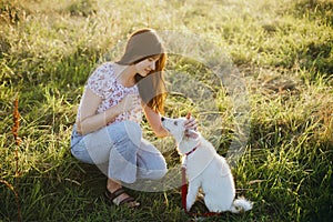 Woman training cute white puppy to behave and caressing him in summer meadow in warm sunset light. Adorable fluffy puppy looking photo