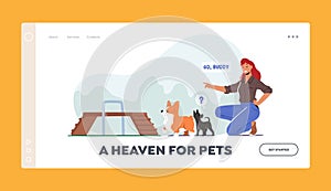 Woman Training Dogs in Park Landing Page Template. Girl Playing with Puppies. Female Character Spend Time Care of Animal
