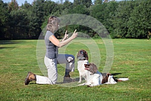 Woman training her two dogs