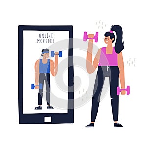Woman training at home with virtual coach on smartphone. Workout online concept.