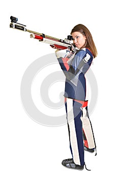 Woman training sport shooting with air rifle gun