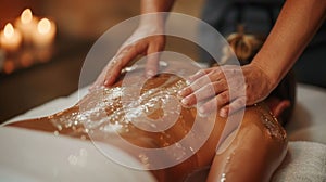 A woman in a tranquil spa setting is receiving a relaxing back massage from a professional masseuse, enjoying a moment