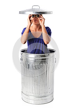 Woman In Trash Can With Binoculars