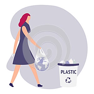 Woman with trash vector illustration. Keep clean and garbage sorting concept