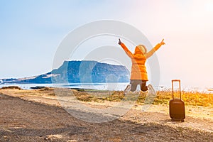 Woman travel at Seongsan Ilchulbong , Jeju Island , South Korea.