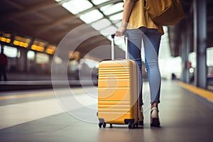 woman with travel suitcase at railroad station AI generated