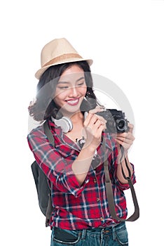 Woman travel. Young beautiful asian woman traveler taking pictures on white background