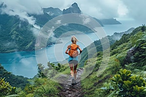 Woman Traveler with Backpack hiking in Mountains with beautiful summer landscape