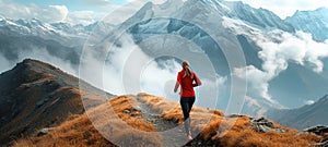 Woman Traveler with Backpack hiking in Mountains with beautiful summer landscape