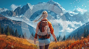 Woman Traveler with Backpack hiking in Mountains with beautiful summer landscape