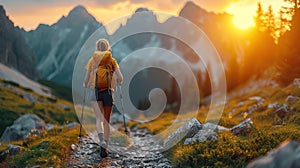 Woman Traveler with Backpack hiking in Mountains with beautiful summer landscape