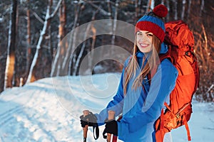 Woman Traveler with backpack hiking Travel Lifestyle adventure concept active vacations outdoor. Beautiful landscape