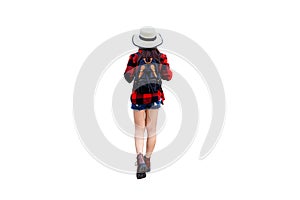 Woman traveler with backpack isolated on white background