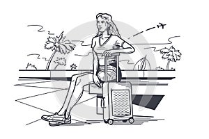 Woman traveler with baggage sitting on bench